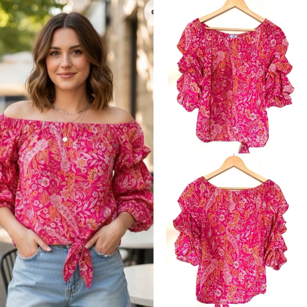 CeCe Off-Shoulder Blouse Womens Paisley Print Pink Orange Sz Small Ruffle Sleeve